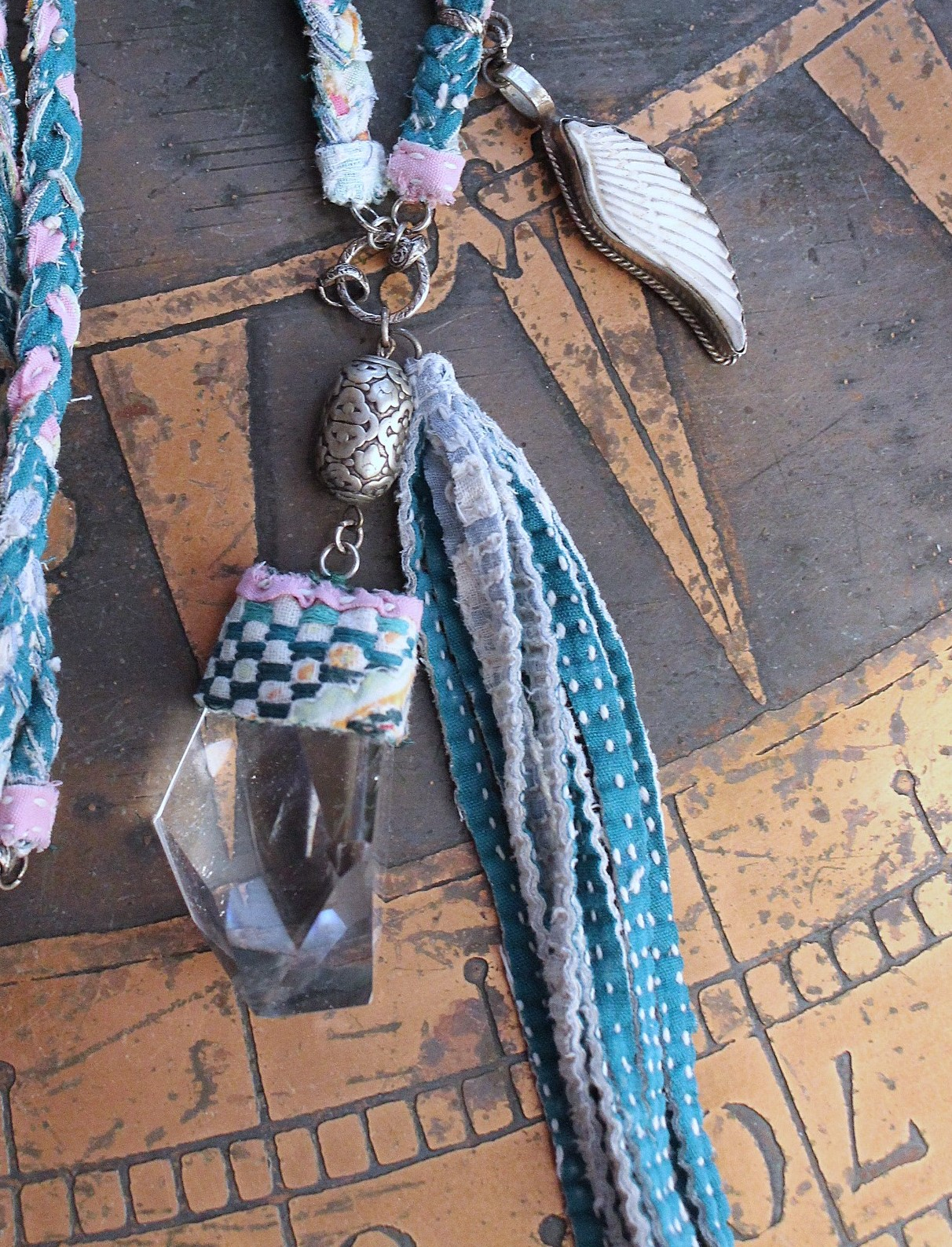 NEW! Braided Kantha Necklace w/Clear Rock Quartz Free Form Point, Unique Silver Connector, Carved Angel Wing & Kantha Tassel