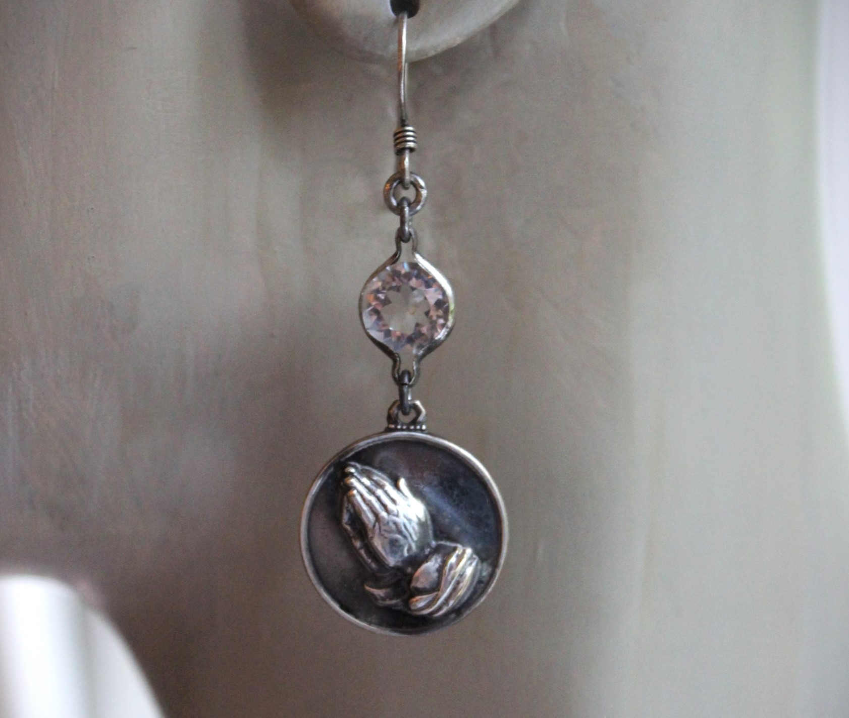 Serenity Prayer Earrings with Sterling Engraved Praying Hands Medals,Antique Faceted Rock Crystal Connectors,Sterling Earring Wires