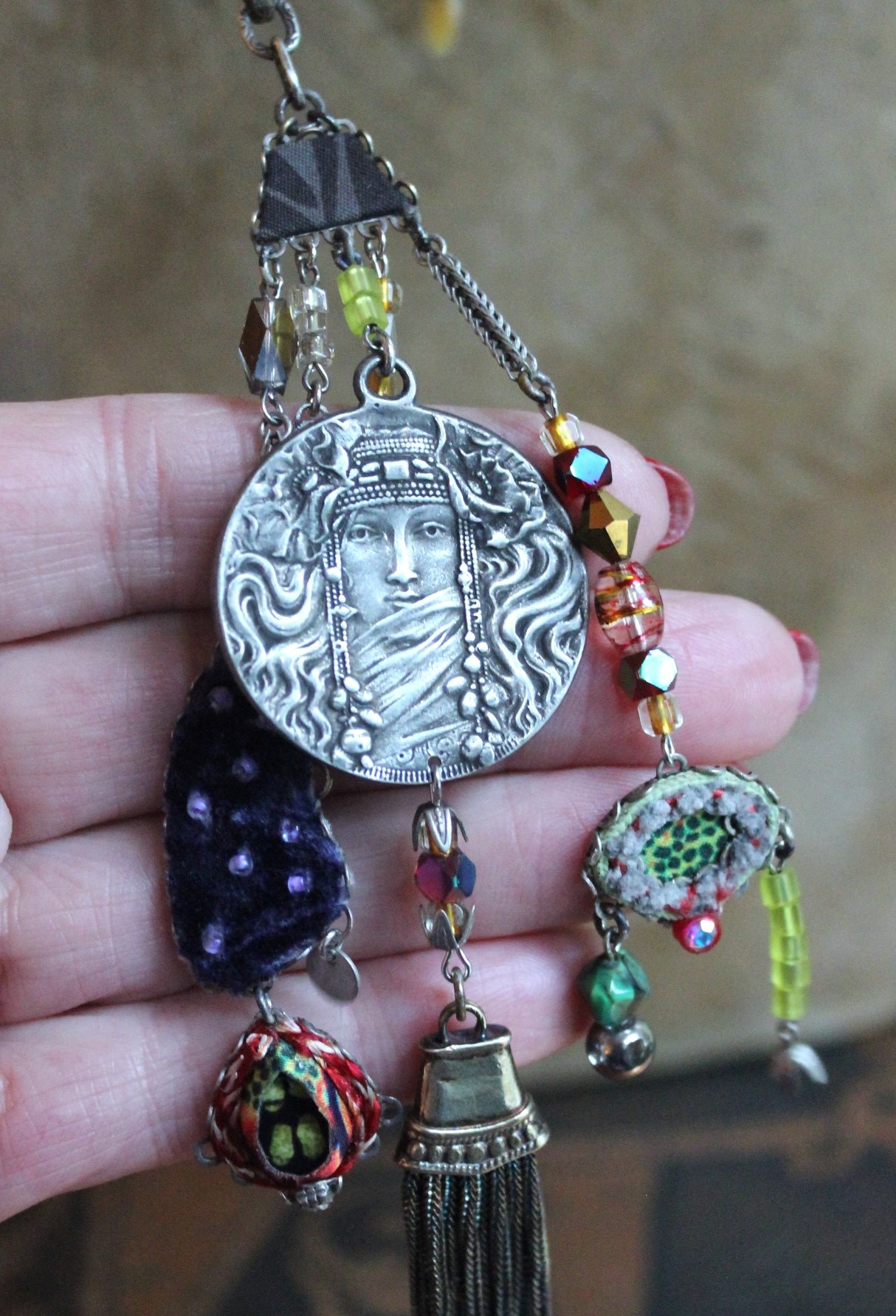 SOLD to J The Color of Thoughts Necklace with Intricate Goddess Pendant, Dozens of Unique Artisan Findings, Drops, and Beads