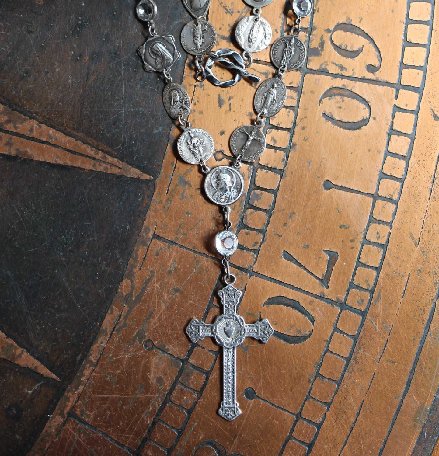 Antique French Flaming Heart Cross Necklace with 30 Antique Medals,Antique Sacred Heart of Jesus Rosary Connector & Bezel Set Crystals