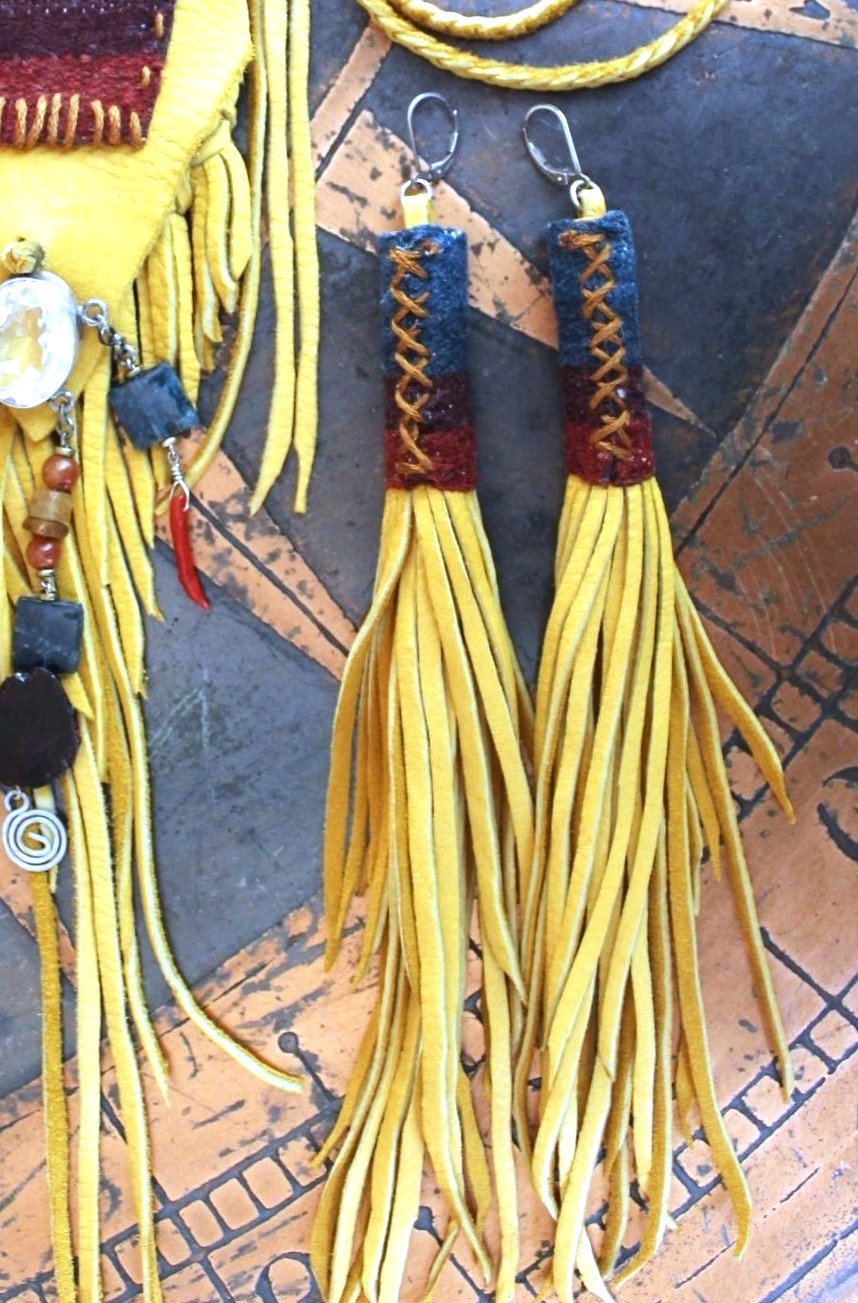 Butter Soft Leather Pouch Necklace & Earring Set w/Antique Serape Textile Fragments, Sterling Bezel Set Faceted Rock Crystal, Polished Kyanite & More!