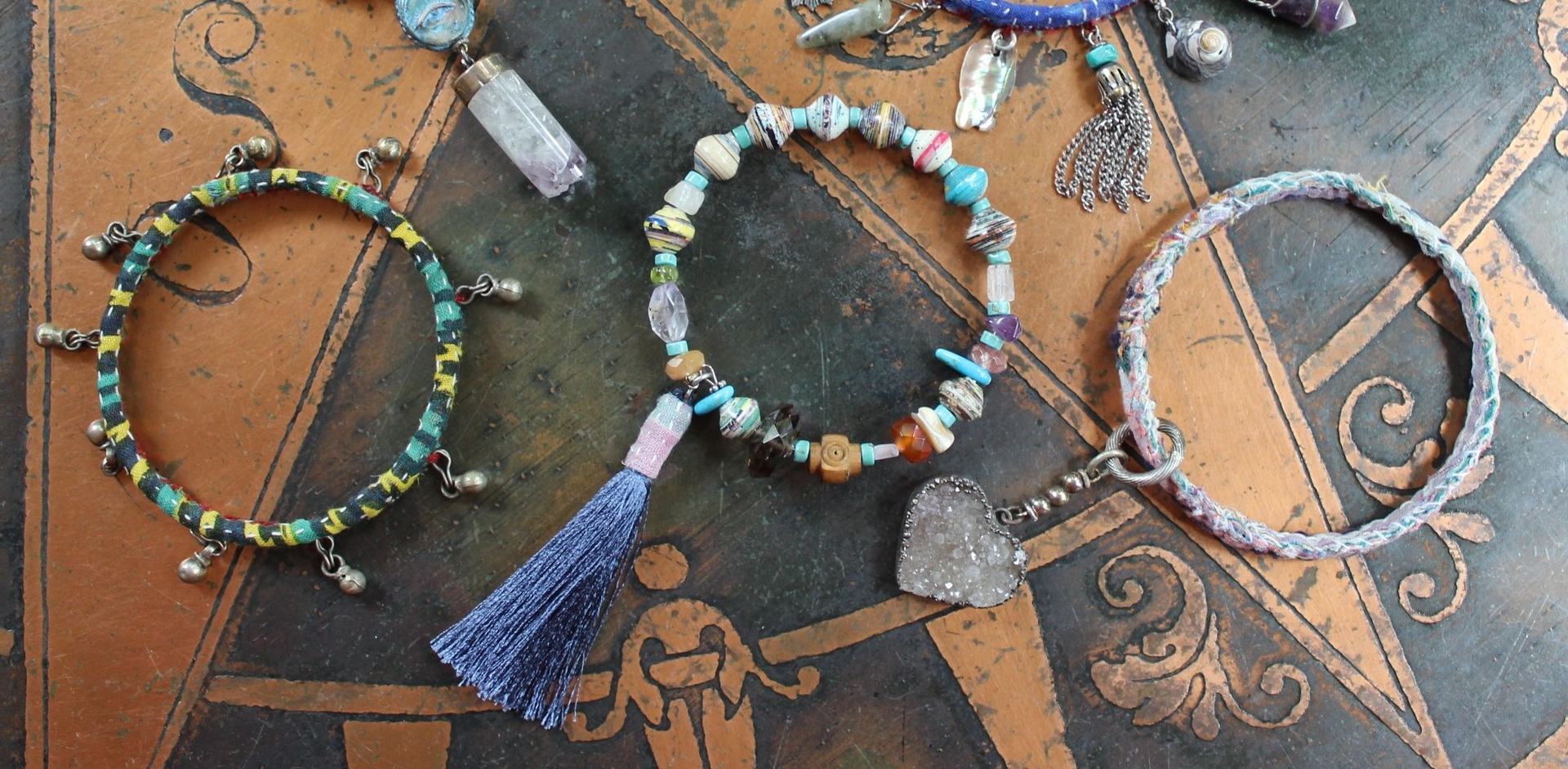 Endless Bounty Bangle Set with Antique Kantha Textile, Multiple Faceted Gemstones & Turquoise, Unique Dangles and Drops!