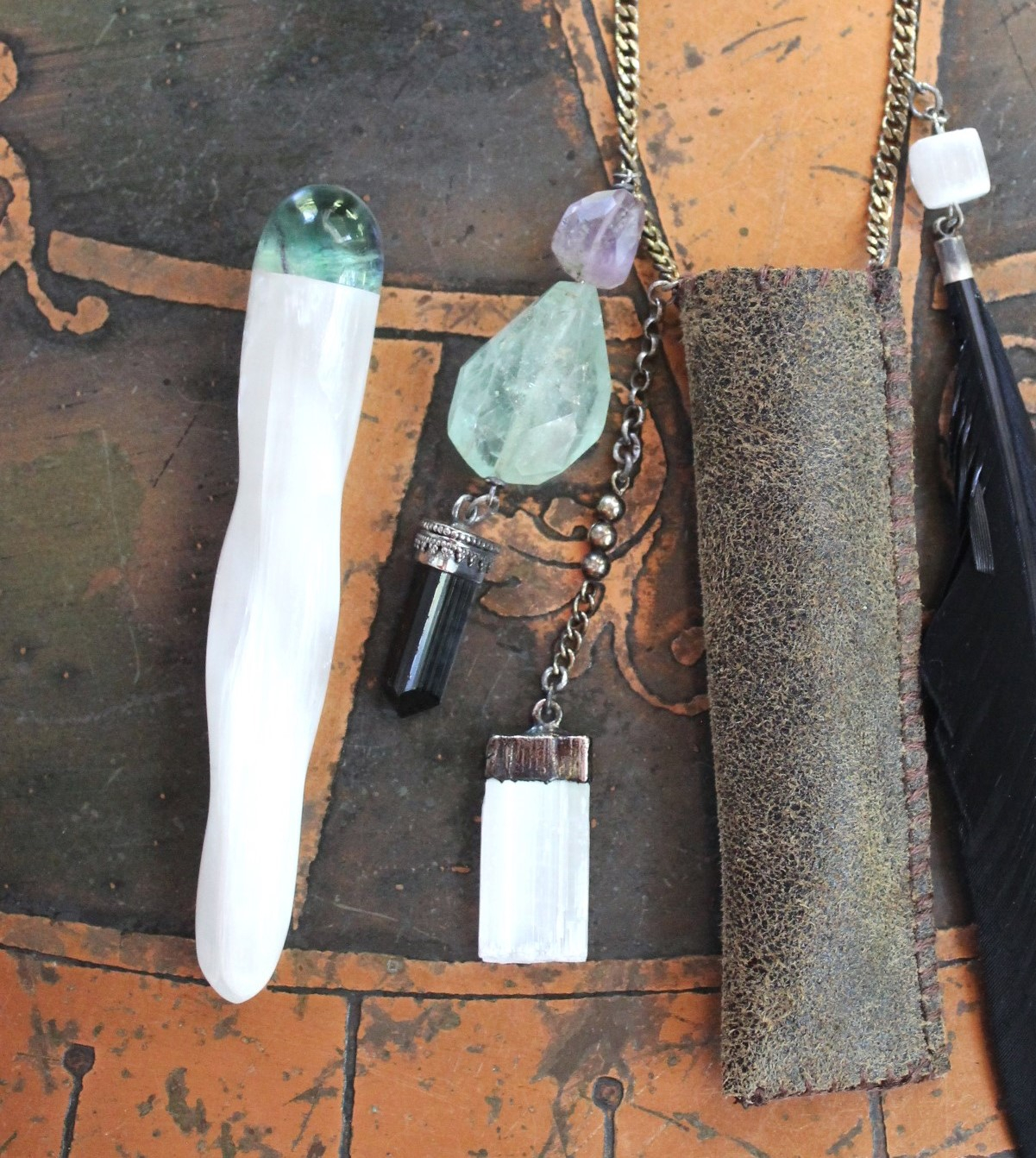 As Fine as Soul Necklace Set with Fluorite Capped Selenite Wand & Pouch, Twilight Goddess Medal, Sterling Capped Raven Wing & Black Tourmaline + More!