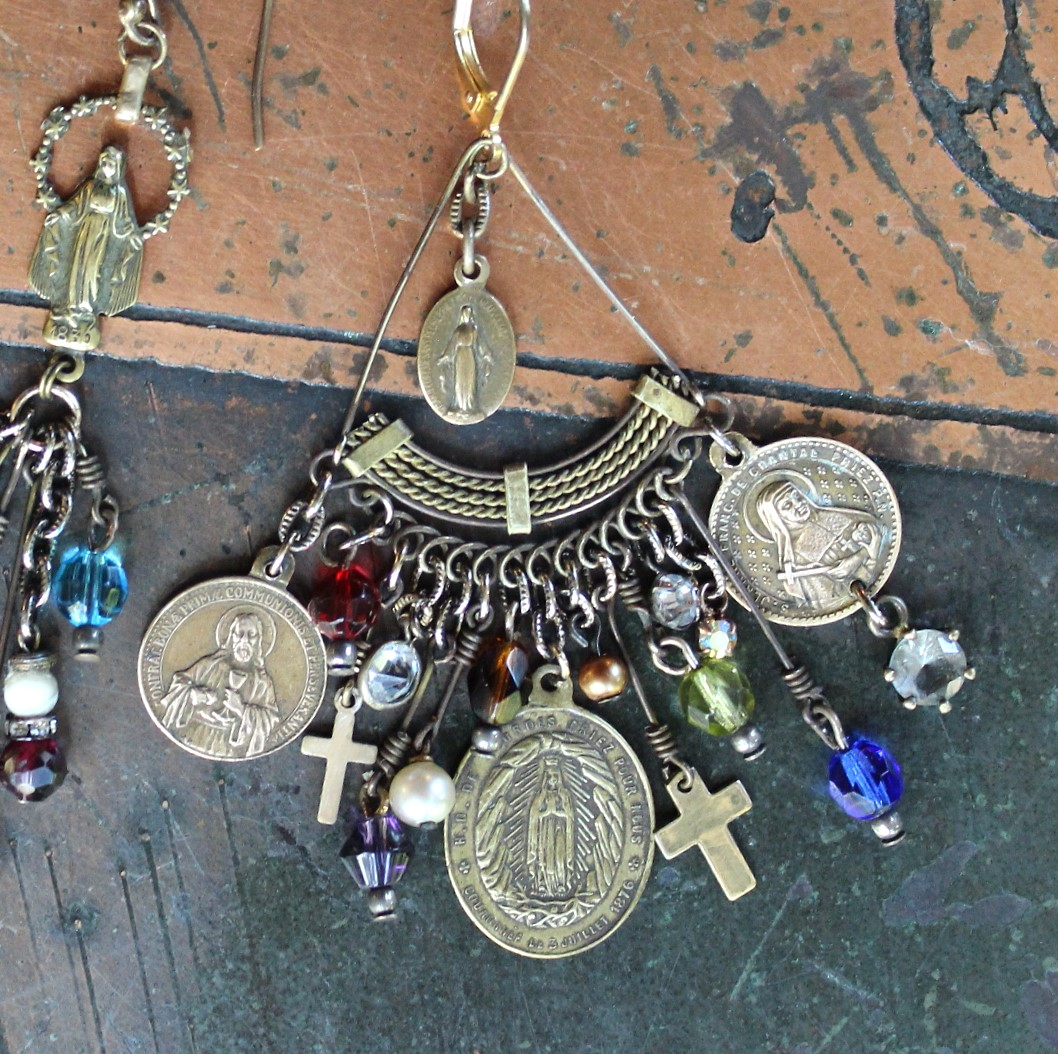 NEW! Asymmetrical Earrings with Antique French Rosary Connector & Medals, Multiple Faceted Bead Dangles,Antique Faceted Crystals and Crosses