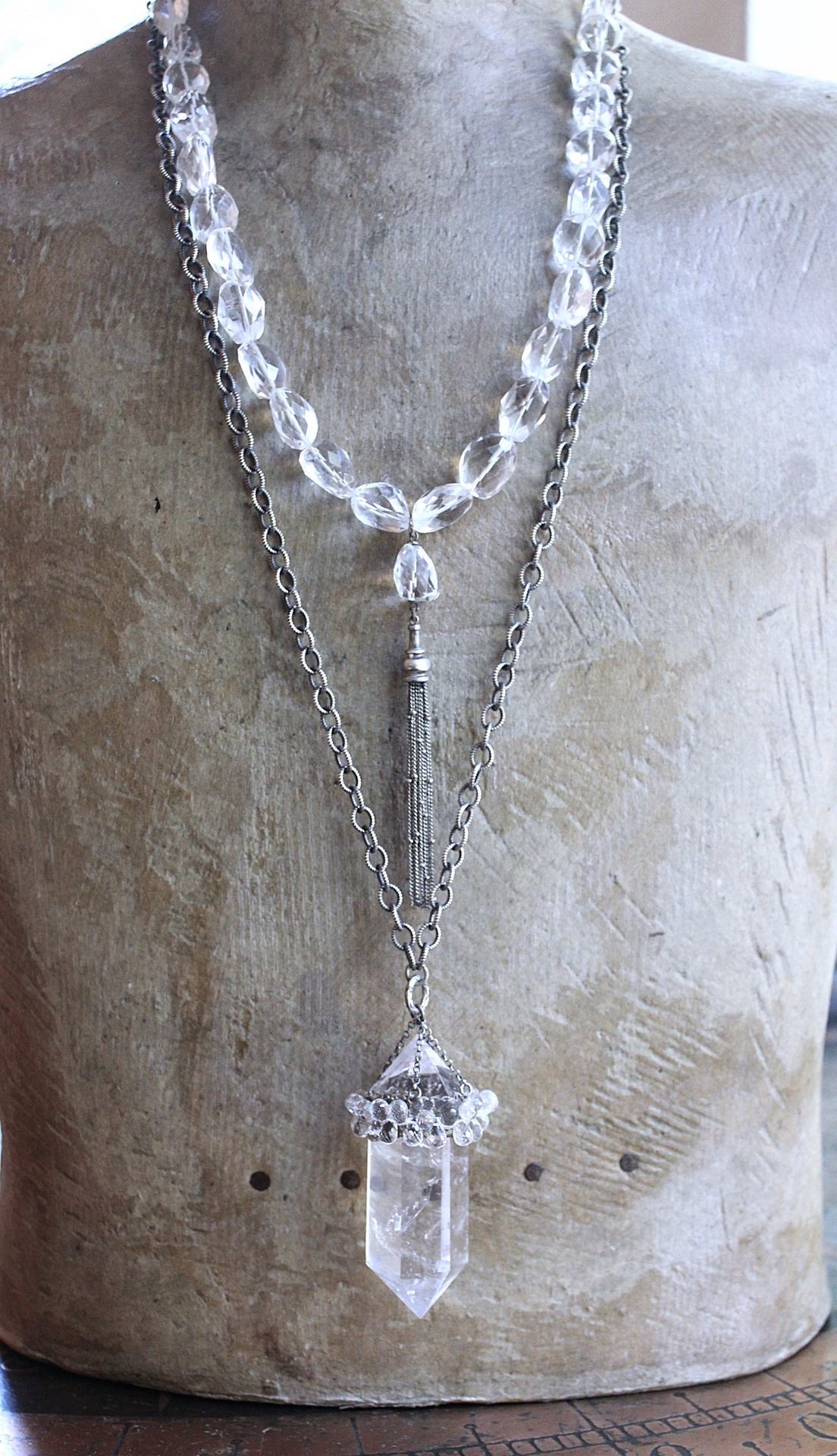 SOLD to J  AAA Faceted Rock Crystal Necklace Set with Double Terminated Rock Crystal Point,Tiny Faceted Rock Crystal Briolettes,Solid Sterling Chain