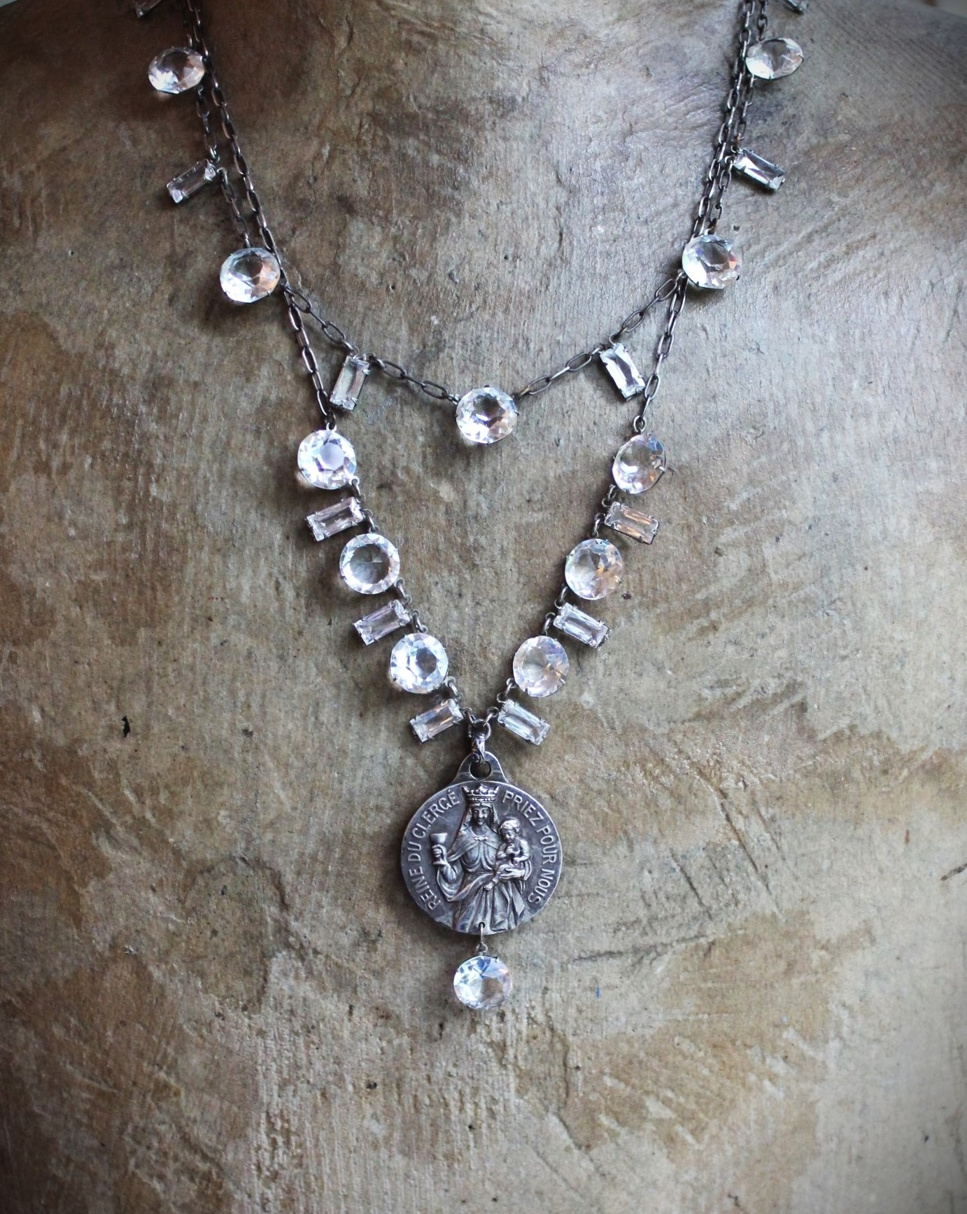 Rare Antique French Reine du Clerge & Saint Tarcisius Medal and Faceted Rock Crystal Chain Necklace Set