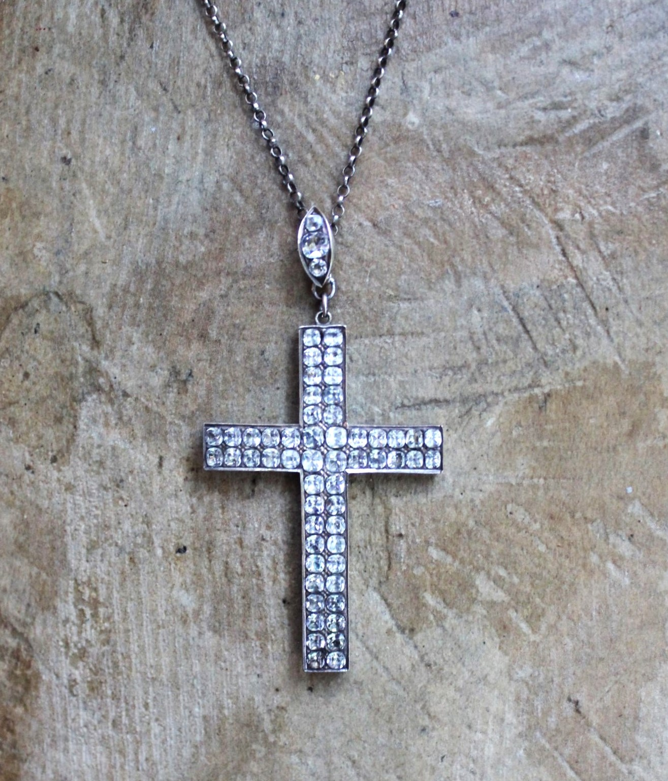 Exceptional & Rare Antique Faceted Georgian Paste Cross Necklace with Sterling Chain & Antique Rose Cut Georgian Paste Bale