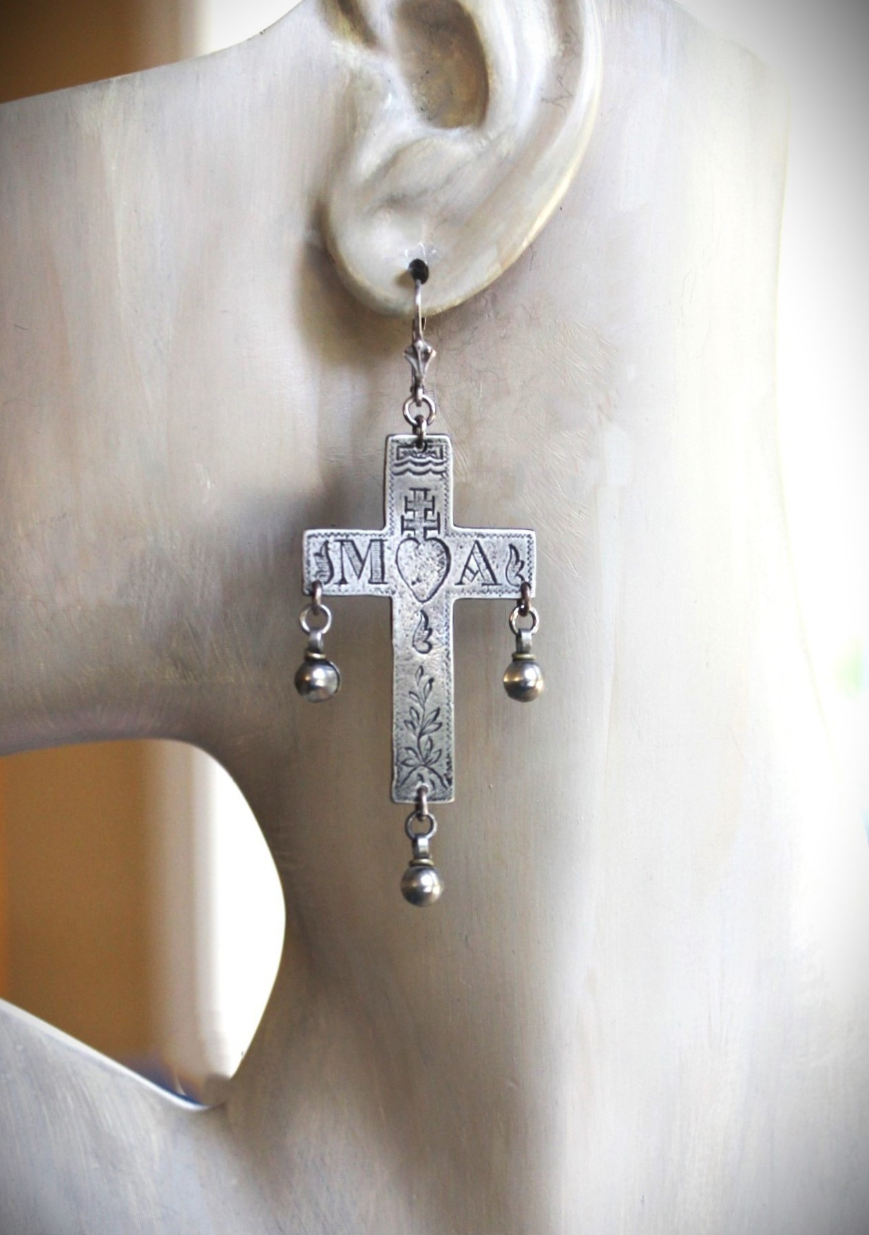 Merciful Mother Earrings with Engraved Silver French Crosses, Tiny Orb Drops and Sterling Leverback Earring Wires