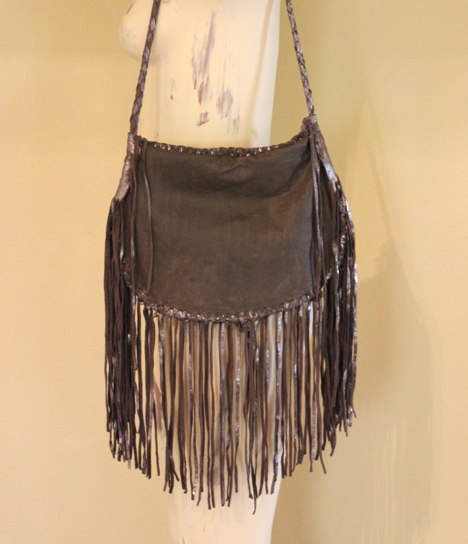 Totem Salvaged Distressed Leather Fringe Bag with Engraved Sterling Medallion and Buffalo Nickel Closure