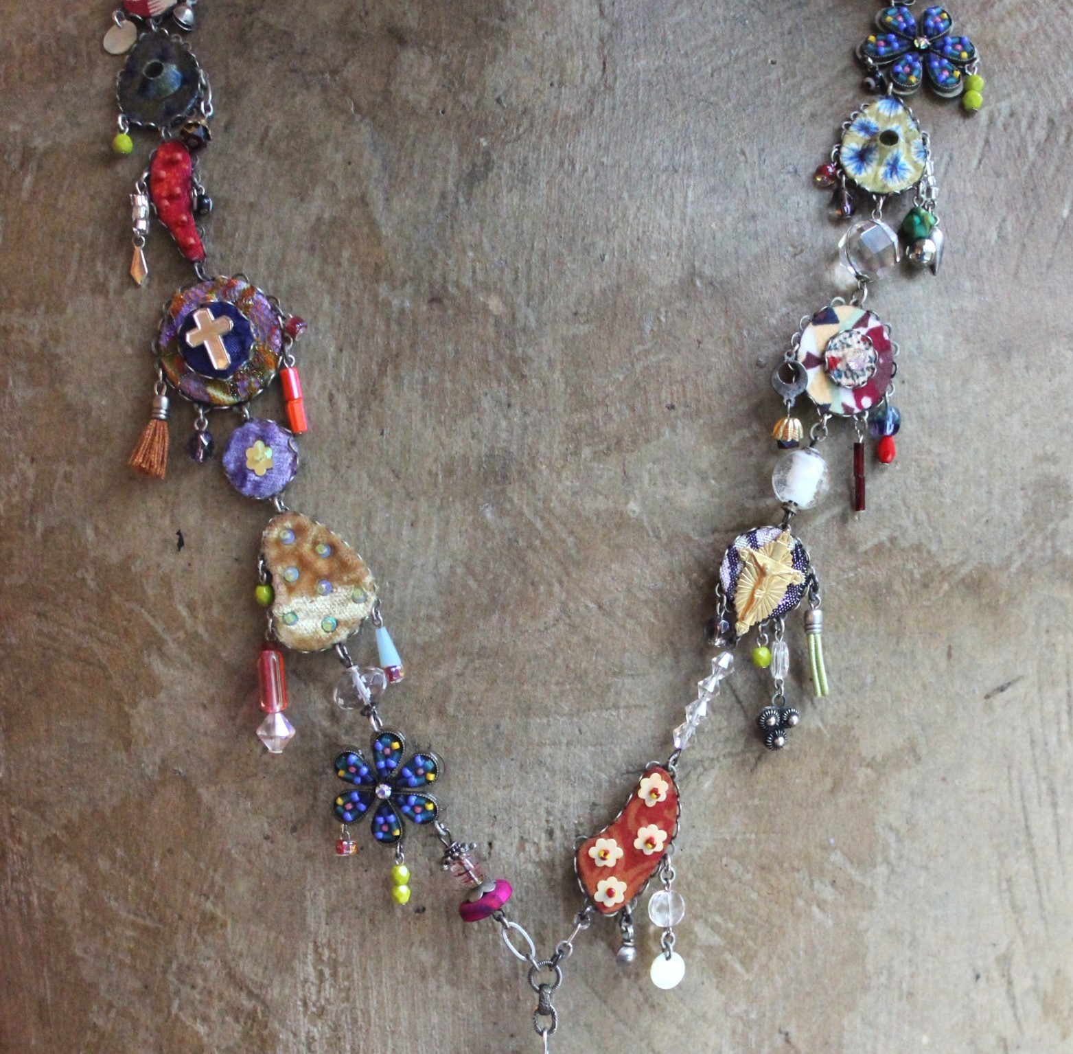 SOLD to J The Color of Thoughts Necklace with Intricate Goddess Pendant, Dozens of Unique Artisan Findings, Drops, and Beads