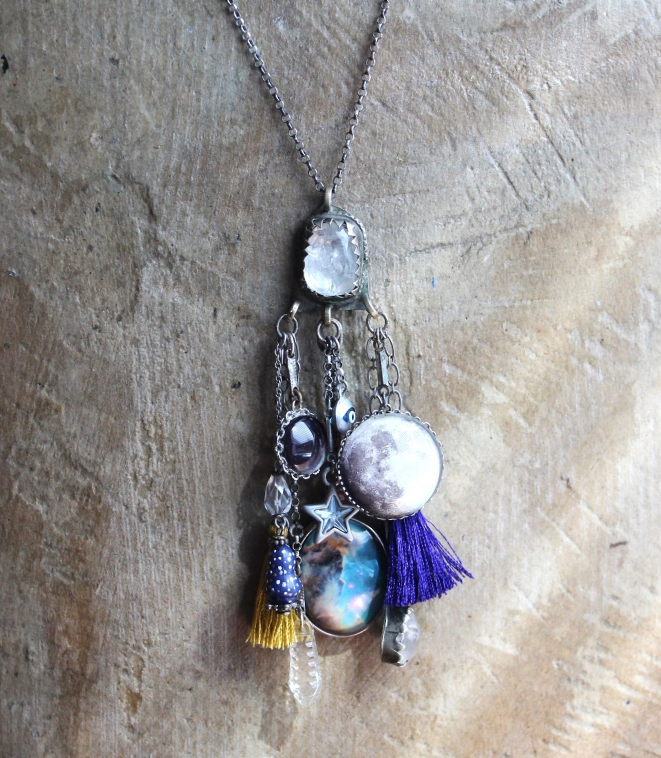 Peace in Your Soul Necklace with Pillars of Creation Pendant, Moon Orbs, Faceted Rock Quartz, Tiny Eye of God and Much More!