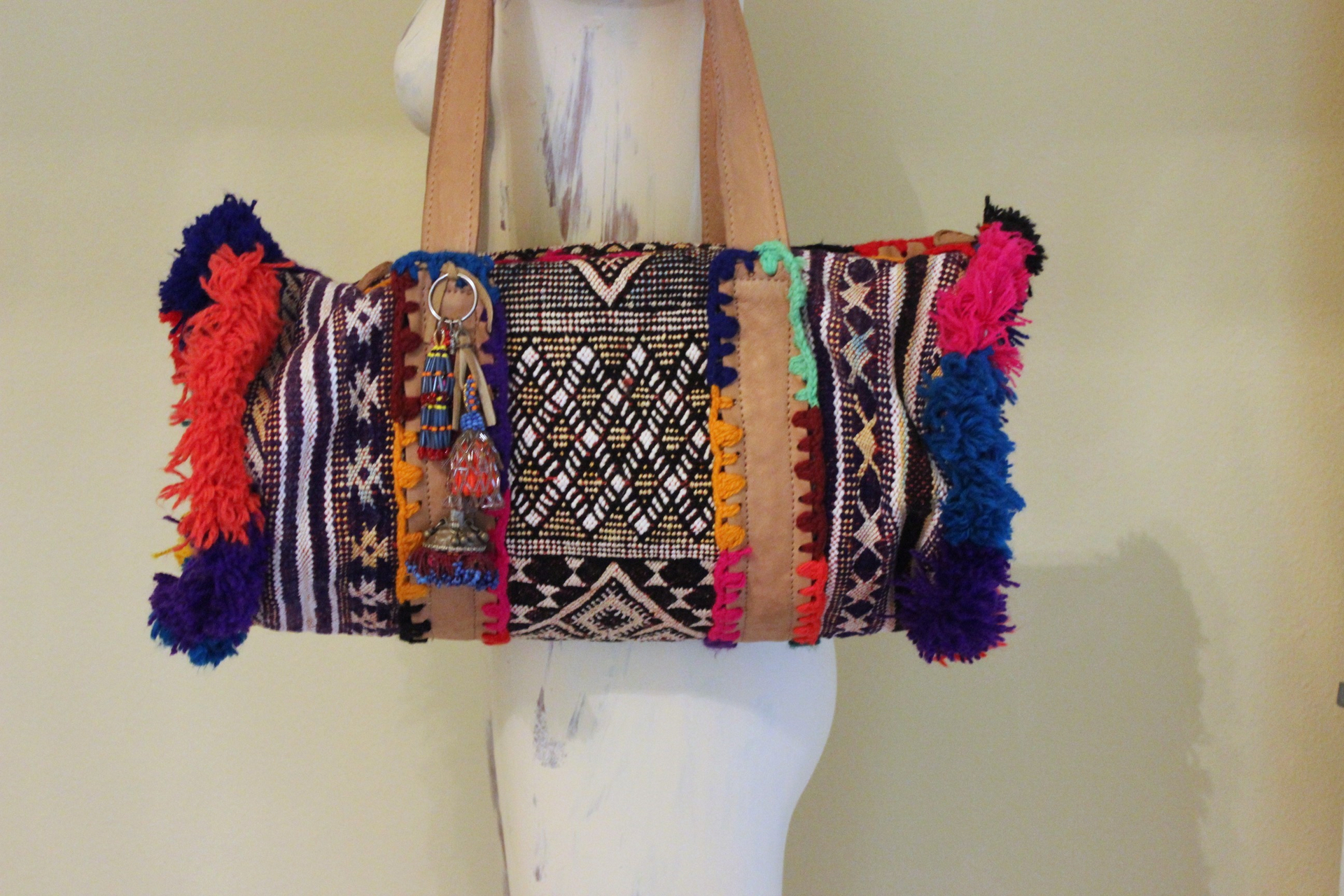 Unique En Shalla Leather and Textile Bag with Antique Gypsy Tassels, Crocheted Yarn and Fringe Accents and Amazing Loomed Textiles!