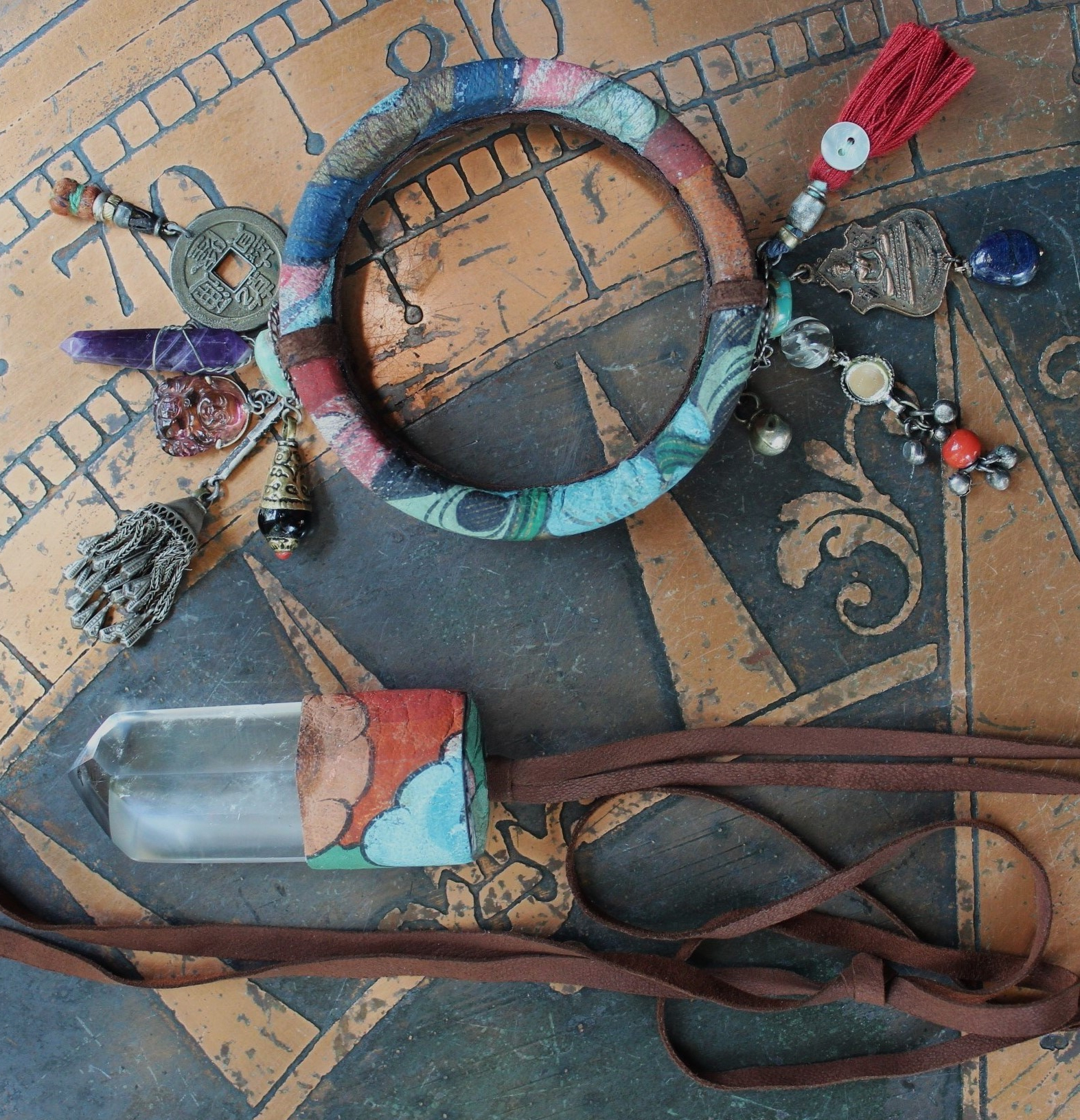 Invite Them In Necklace & Bracelet Set with Antique Hand Painted Thangka,Ghost Quartz Point Pendant,Carved Tourmaline Buddha,Foxtail Chain Tassel,Antique Buddha Medal & Much More!