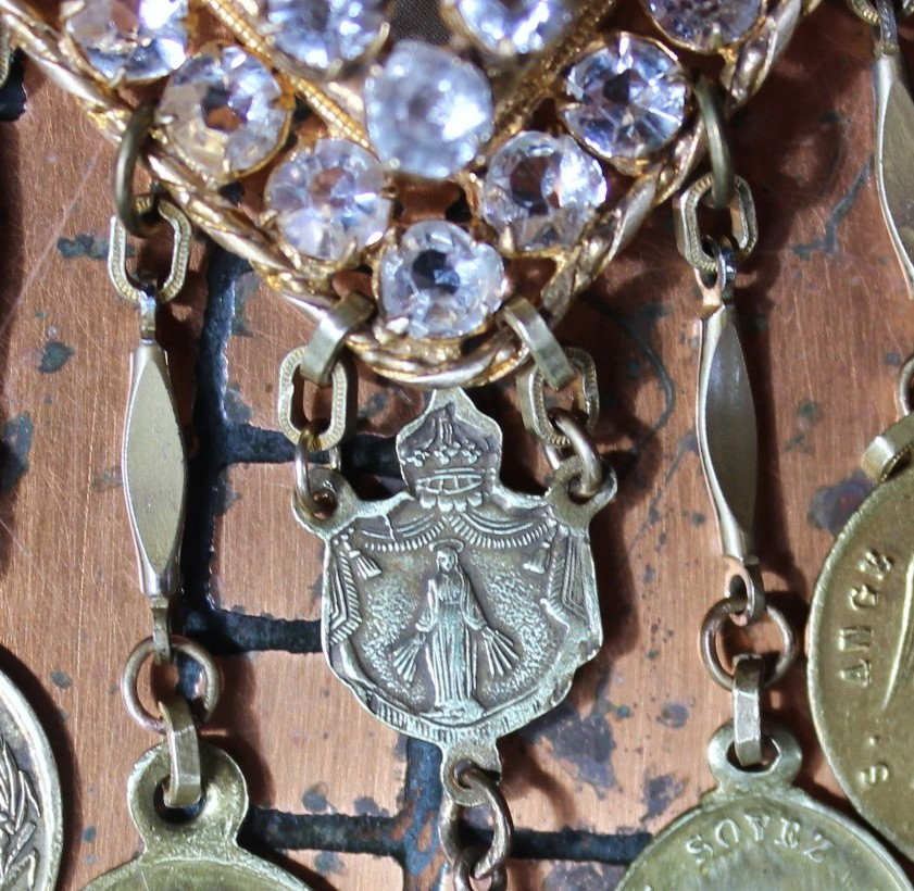 Rare Antique French Ex Voto Rhinestone Locket Necklace with Antique French Medals,Sterling Vermeil Foxtail Chain and 14K Gold Clasp