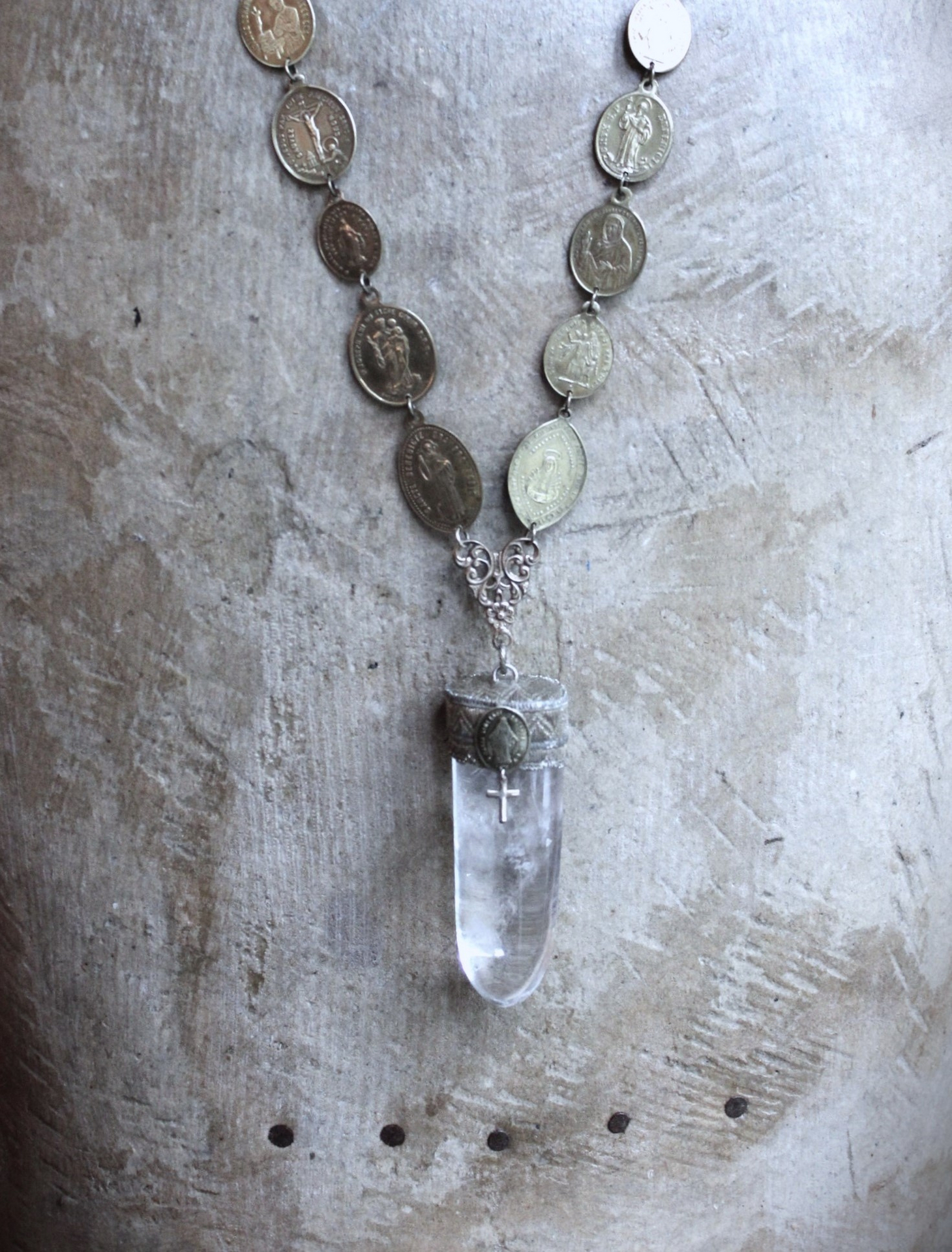 Through You Necklace with Polished Clear Ghost Quartz Pendant, Antique French Vestment Trim, and 22 Antique French Medals