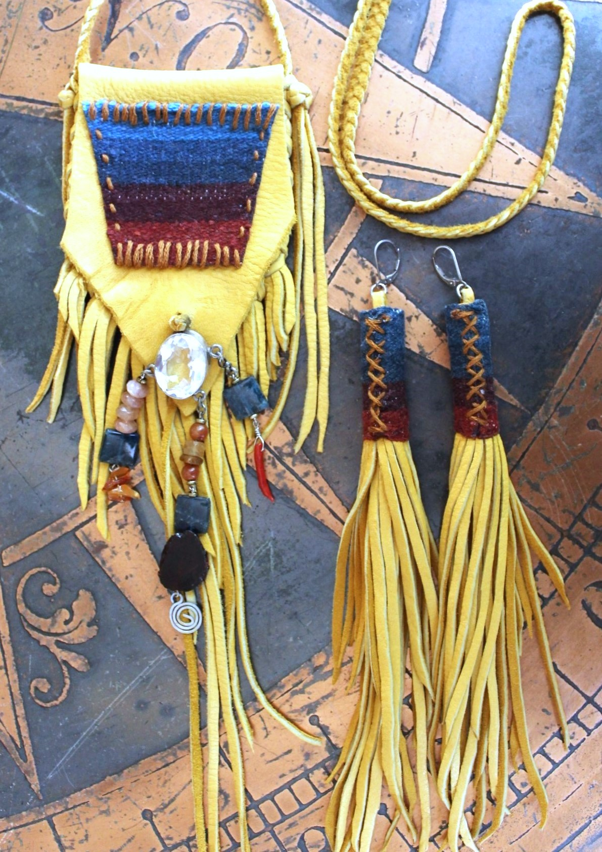Butter Soft Leather Pouch Necklace & Earring Set w/Antique Serape Textile Fragments, Sterling Bezel Set Faceted Rock Crystal, Polished Kyanite & More!