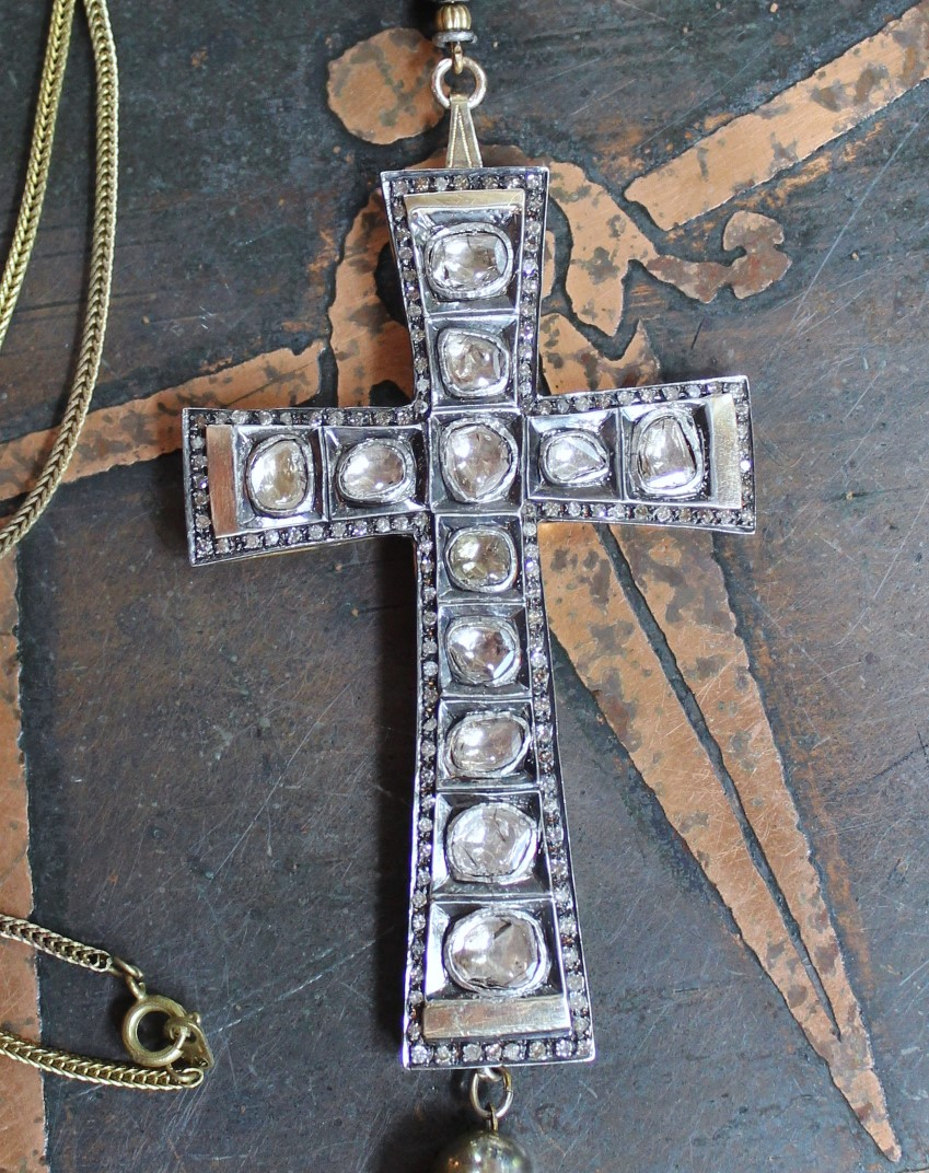 SOLD to J The God of Everyone Necklace with Gold and Silver Mughal Polki Diamond Cross, Intricate Center Piece and Bead, Antique Foxtail Chain & Tassel
