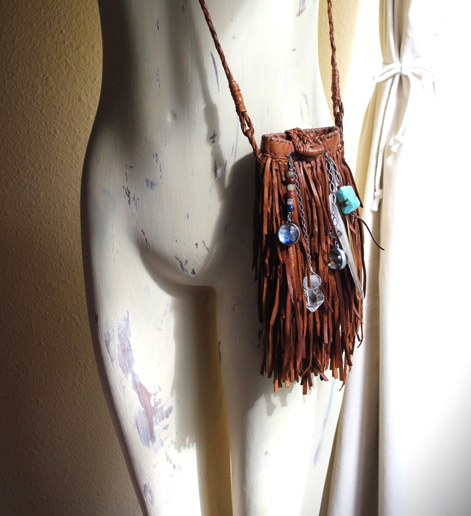 En Shalla Butter Soft Leather Cross Body Bag with Faceted Turquoise Drop,Glass Galaxy Orbs,Wire Wrapped Quartz & Feather