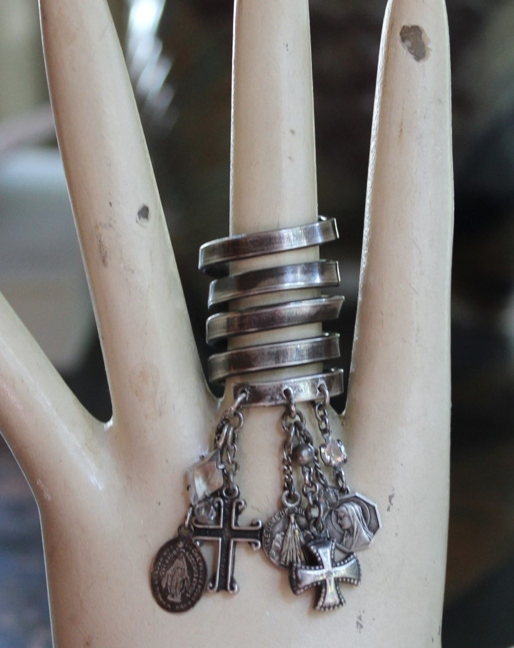Wide Solid 999 Sterling Artisan Wrap Ring with Multiple Tiny Antique Medals, Sterling Crosses, Faceted Rock Crystal Connectors