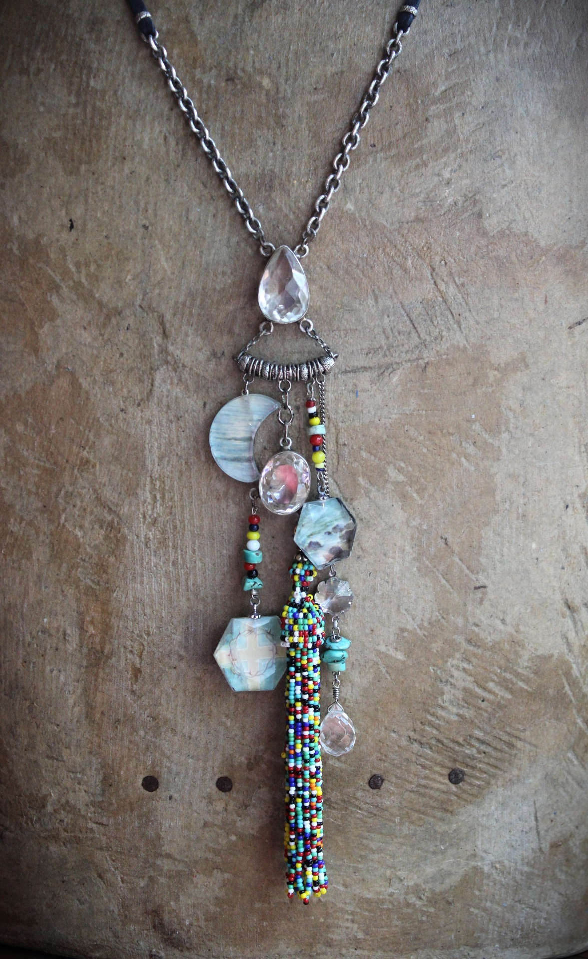 SOLD to J Endless Ocean Necklace with Faceted Rock Quartz Drops,,Sterling Bezel Set Faceted Rock Quartz, Sterling Link Chain,Multi Color Seed Bead Tassel