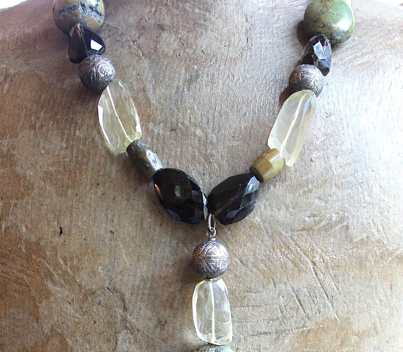 The Grounding Necklace with Faceted Smoky Quartz, Lemon Quartz ,Lone Mountain Turquoise,Rare Antique Engraved Silver Beads,Antique Serape Fragment