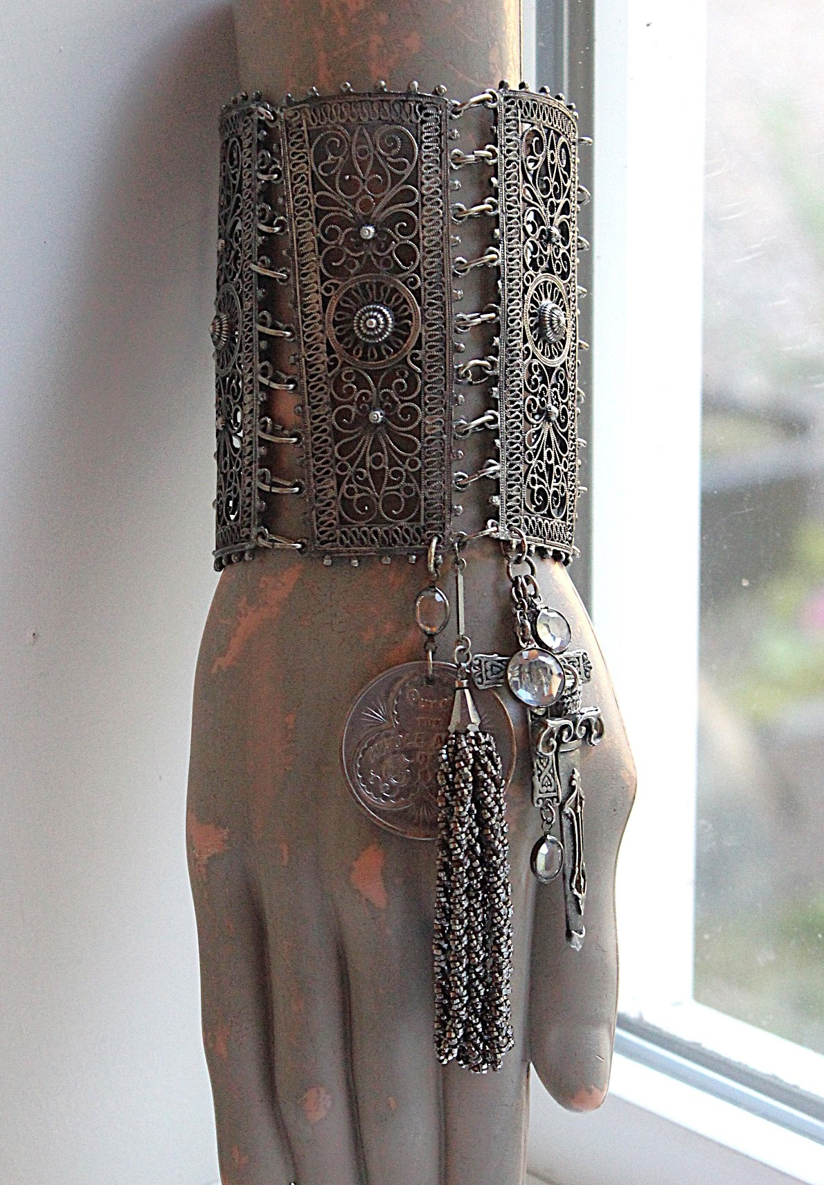 SOLD to L Put on the Whole Armor of God Bracelet w/Antique Etruscan Panels, Rare 1870 Henry Beecher Medal,Rare Antique Cut Steel Tassel, French Sword & Cross Medals & Bezel Set Crystals