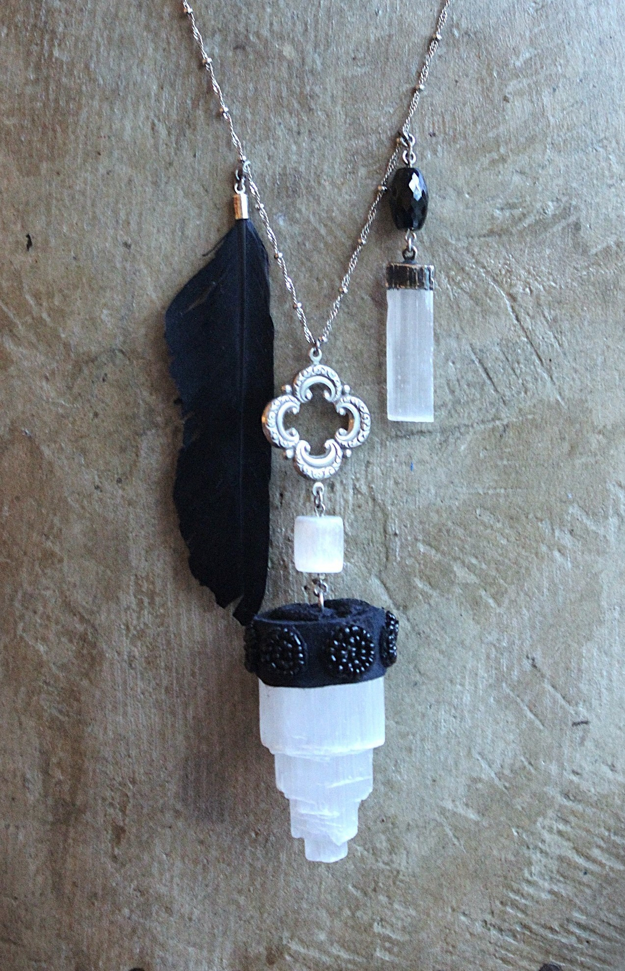 Inner Power Necklace with Rare Small Selenite Tower,Raven Feather,Hand Stitched Seed Beads & Embroidered Crescent Moons++