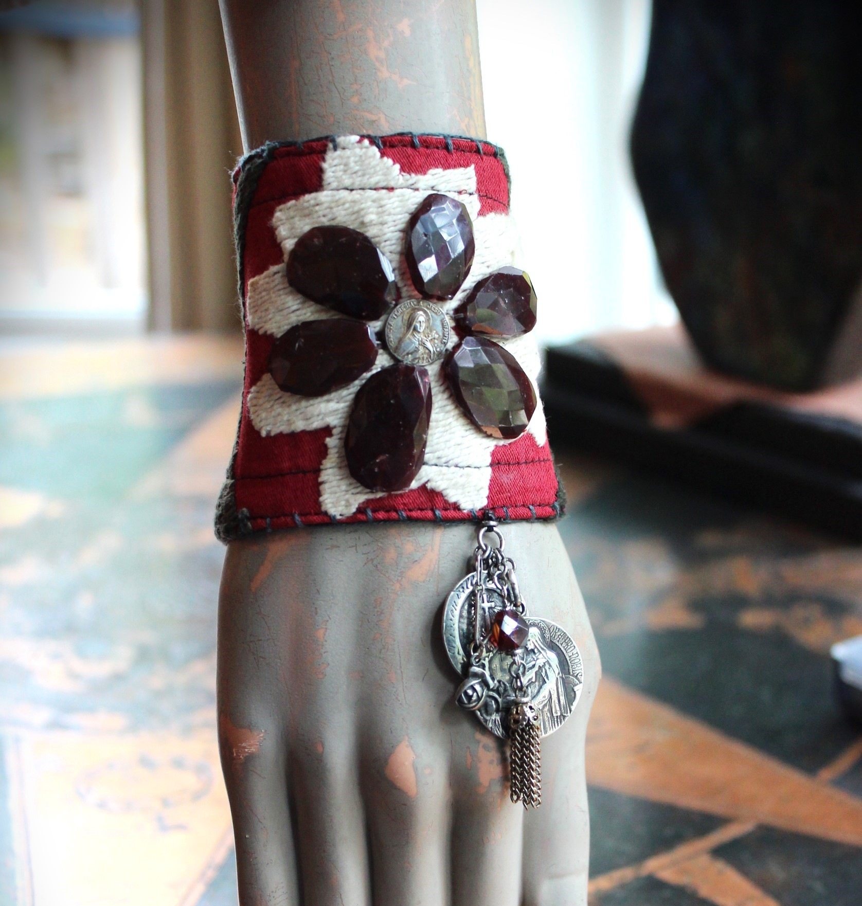 Allow Your Soul Cuff Bracelet with Antique Embroidered Textile, Antique French Medals,Faceted Almandine Garnet & Religious Rose