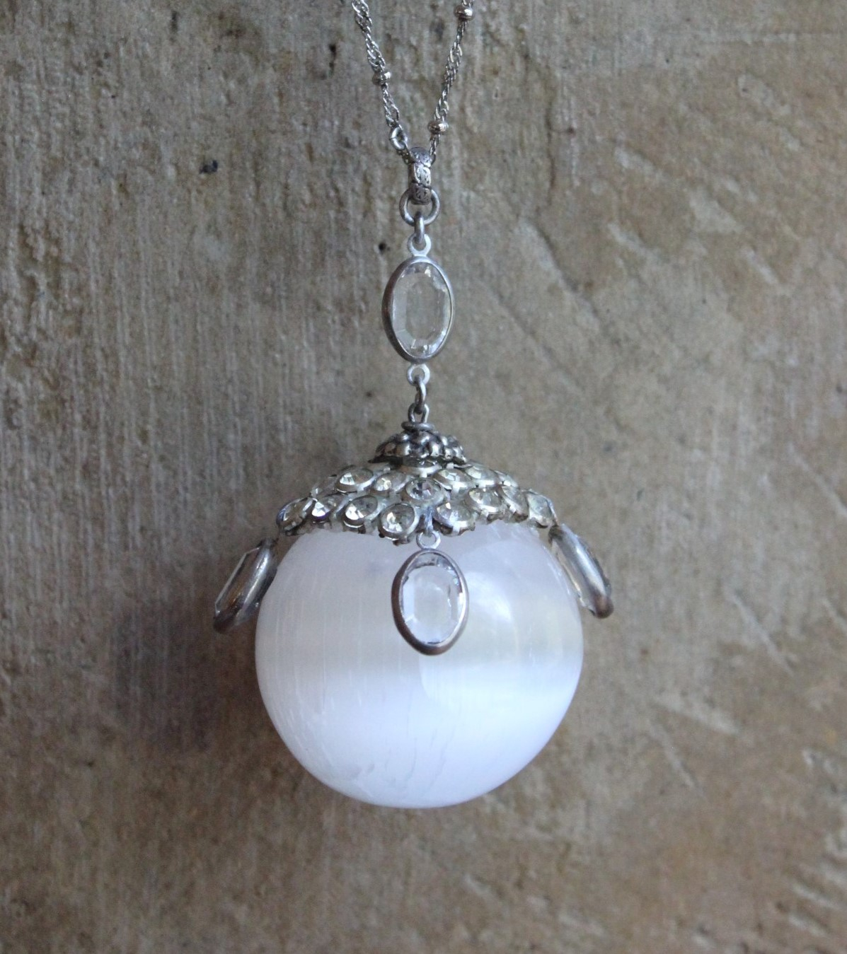 SOLD to J There is no Darkness Necklace with Polished Selenite Orb, Unique Antique Bezel Set Paste Cap, Bezel Set Oval Faceted Crystal Drops, Sterling Chain