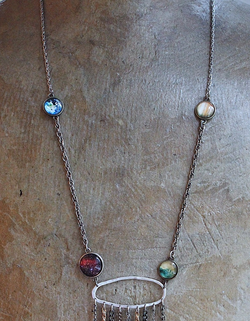 Cosmic Religion Necklace with Galaxy Cabochon Connectors, Orgonite Drops,Multiple Antique Religion Medals,Scroll Vessel