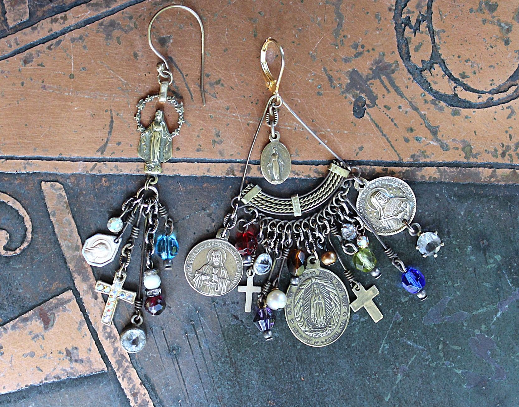 NEW! Asymmetrical Earrings with Antique French Rosary Connector & Medals, Multiple Faceted Bead Dangles,Antique Faceted Crystals and Crosses