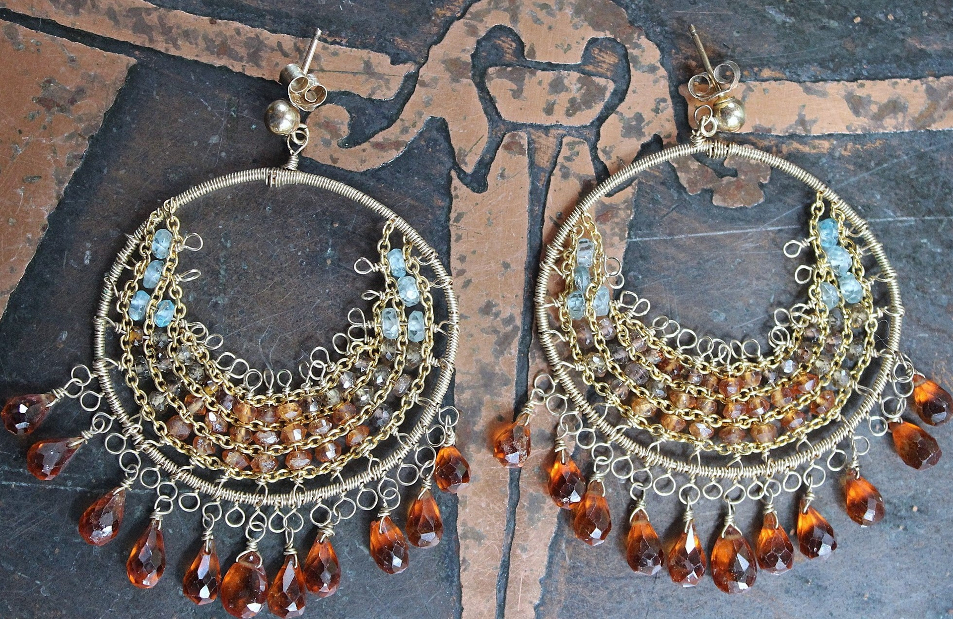 NEW! Intricate14K Gold Wire and Post Earrings with Rare Faceted Spessartine Garnet Tear Drops, Faceted Aquamarine and Smoky Topaz