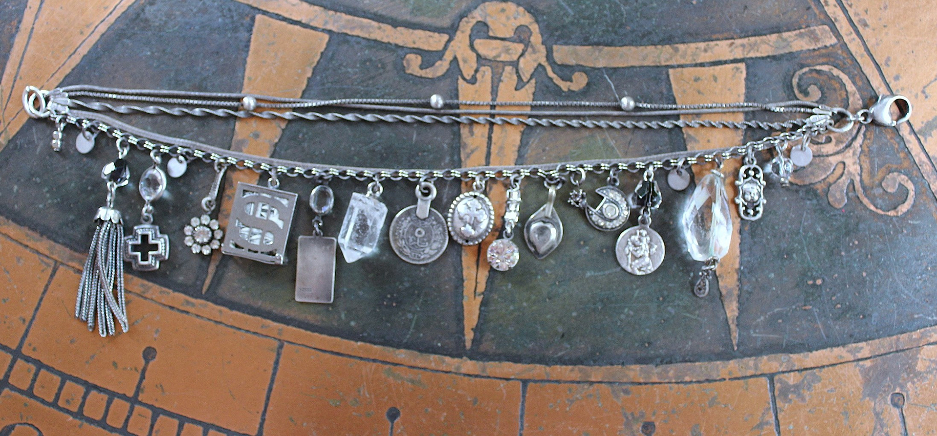 Unique 5 Strand Anklet w/21 Vintage & Antique Dangles - Unusual Sterling Spare $ Locket,Faceted Rock Quartz Point & Drop - and Much More!
