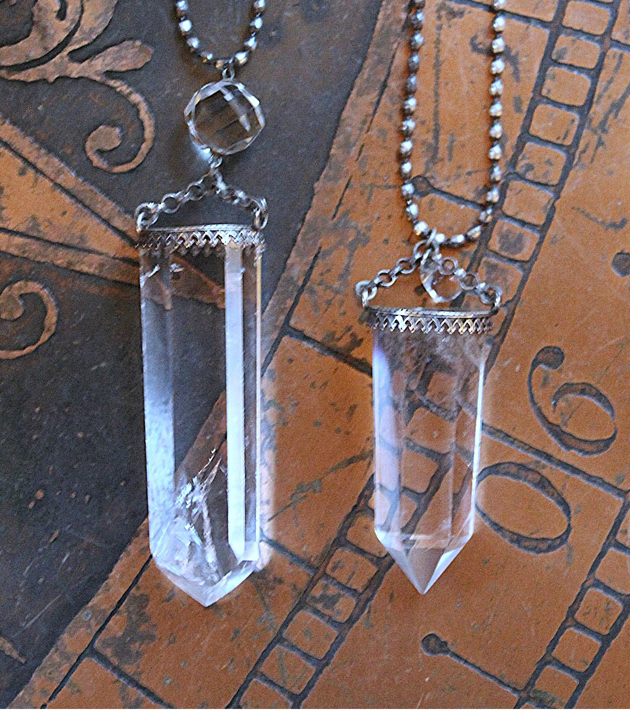 NEW! Two Principles Necklace with Sterling Crown Bezel Clear Quartz Points,Faceted Rock Crystal Orb,Tiny Sterling Bead Chains