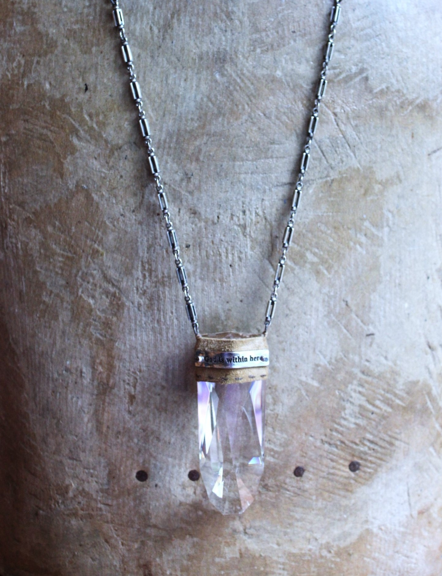 NEW! God is within Her Necklace with Amazing Far Infrared Faceted Tower Point Pendant, Unique Silver Chain & Super Soft Suede Leather