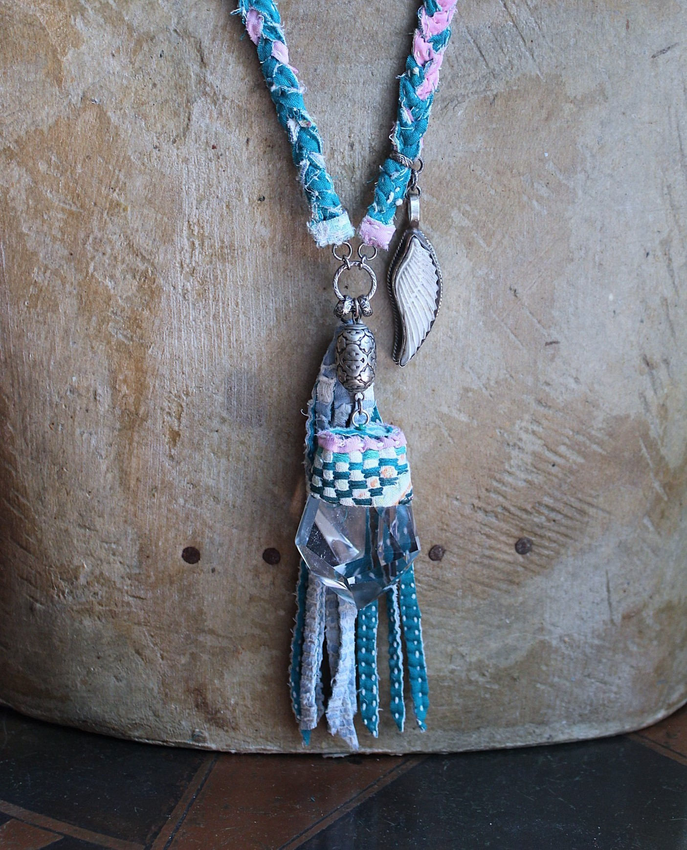 NEW! Braided Kantha Necklace w/Clear Rock Quartz Free Form Point, Unique Silver Connector, Carved Angel Wing & Kantha Tassel
