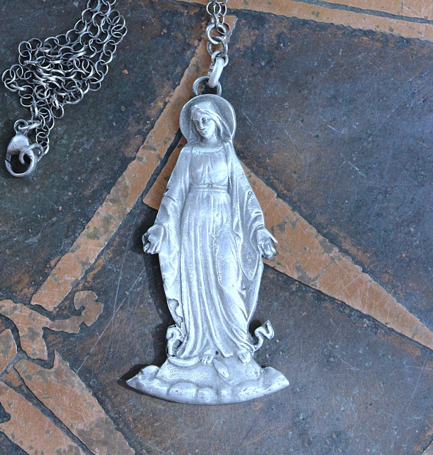 NEW!  The Genesis of Love Necklace with Rare Virgin Mary and Serpent Pendant, Sterling Rolo Chain & Clasp