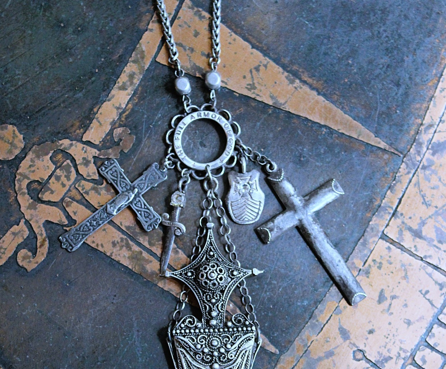 NEW! The Armor of God Necklace with Antique Sterling Filigree Sword & Sheath, Sterling Engraved Connector,Sterling Shield & Dagger