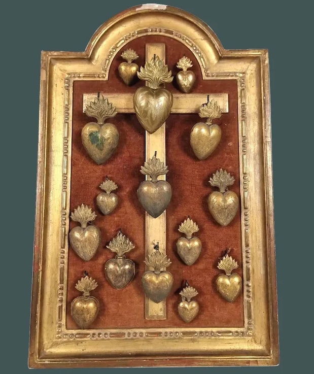 SOLD TO M Antique French Ex Voto Frame with 15 Hooks for Rosaries and/or Necklaces - includes Marian Ex Voto Locket 