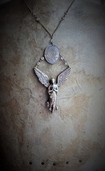 If I Listen Necklace w/Cast Bronze Winged Angel & Scrolled initials AM Medal,Antique Bezel Set Crystal Connectors,Vintage Link Chain