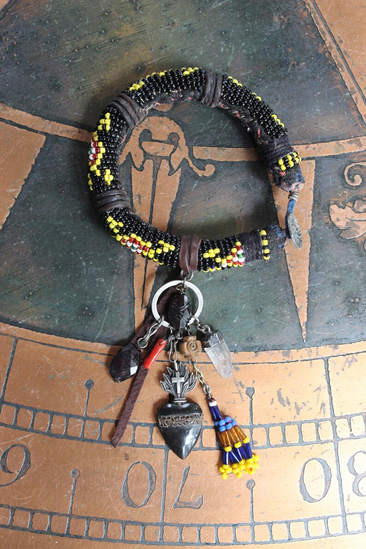 Antique Kuchi Gypsy Beaded Bracelet w/Sterling & Ebony Flaming Sacred Heart,Carved Black Spinel,Banjara Beaded Tassel,Quartz Point++