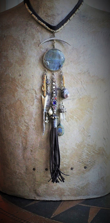 Gypsy Spirit Forgiveness Necklace w/Antique Loomed Cotton & Button "Chain",Incredible Labradorite Stone,Sterling 3 Swords Medal,Antique Scabbard,+++