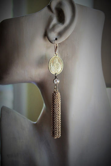Rare Antique Our Lady of the Mountain of the Sun Medal Earrings w/Antique Notre Dame de Soleilmont Matching Medals,Antique Tassels+More