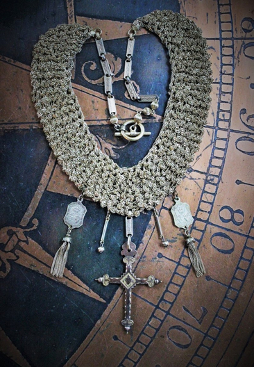 Crocheted Chain Necklace w/RARE Antique French Gold Sacred Heart Jeannette Cross,Matching Antique Crowned SH Medals,Antique Tassels