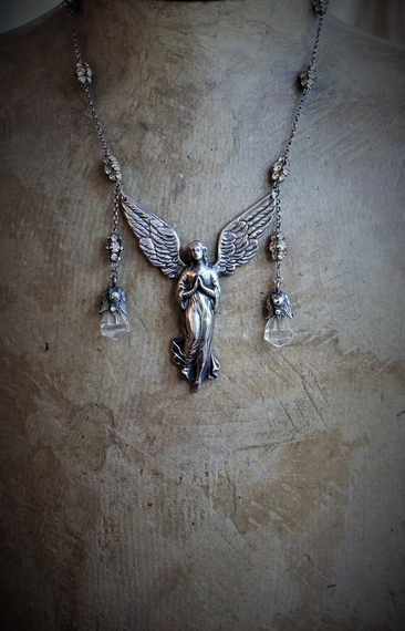 You Cannot Imagine Necklace w/Cast Silver Bronze Winged Angel,Antique Carved Glass Drops,Antique French Rhinestone Connectors