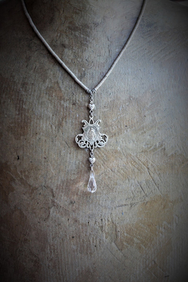 Antique French Marian Necklace w/RARE Tiny Antique 1800's French Metal Sequin Chain,Sacred Heart Connectors,Antique Crystal Tear Drop
