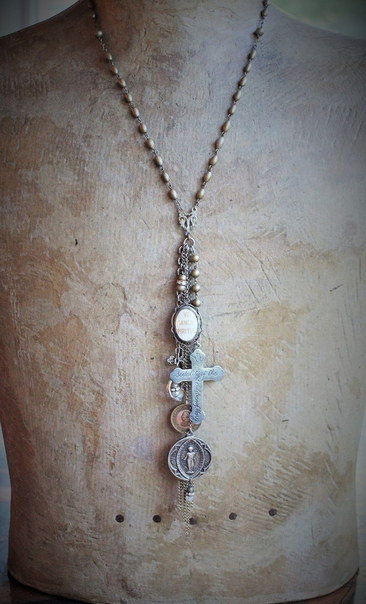 The Guardian Necklace w/Antique French Sterling Child Jesus Medal,1878 Virgin Medal,Rare Engraved Sodality Cross,Antique Child's Ring++