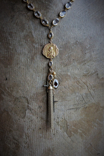 Still Standing Necklace w/RARE Antique French Jeanne D'Arc Broche Medal,Antique Gilt Faceted Crystal Chain,Antique Victorian Cross+More!