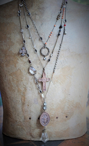 Unique Necklace Set w/Rare Antique French Lamb of God Bronze Medal+Venite Adoremus Sacred Heart Cross,Antique/Vintage Chains+Crystals++