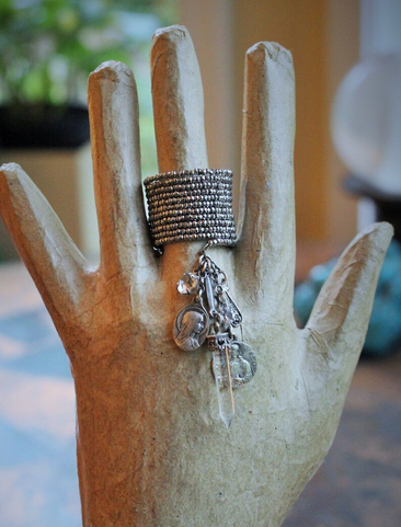 Antique Faceted Cut Steel Bead 12 Coil Ring w/Antique French Medals,Sterling Capped Crystal Point,Antique Faceted Crystal Drops